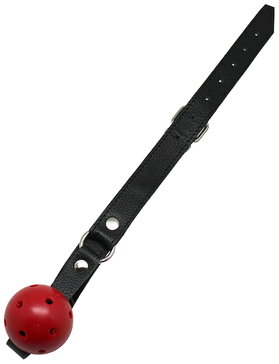 Кляп-шарик (пластик), ремешки на кожаной подкладке, чёрно-красный