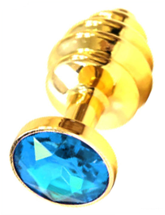 Анальная пробка 32x74 мм с голубым кристаллом, золотая