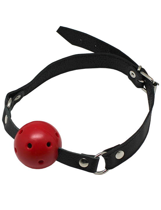 Кляп-шарик (пластик), ремешки на кожаной подкладке, чёрно-красный