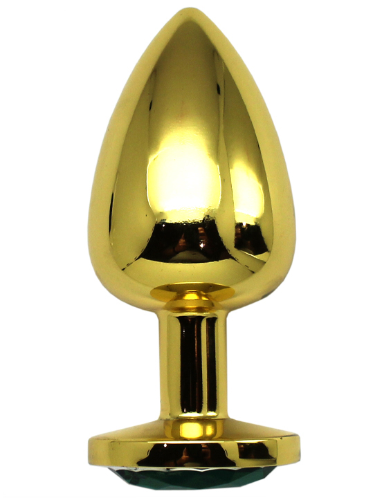 Анальная пробка алюминиевая, большая, золотая, кристалл изумрудный, 40x95 мм