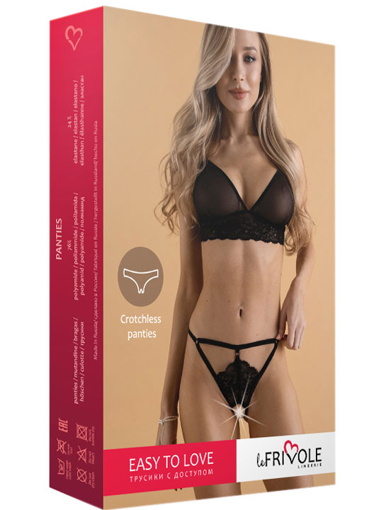 Трусики с доступом из кружева и стреп-лент Easy to love, чёрный, S/M (42-44)