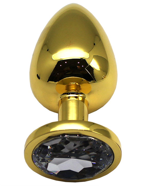 Анальная пробка алюминиевая, большая, золотая, кристалл прозрачный, 40x95 мм