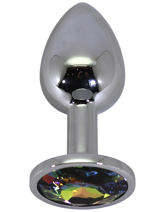 Анальная пробка алюминиевая, малая, серебряная, кристалл цветной, 30x70 мм