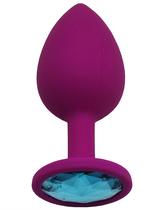 Анальная пробка силиконовая средняя, фиолетовая, кристалл голубой, 36x88 мм