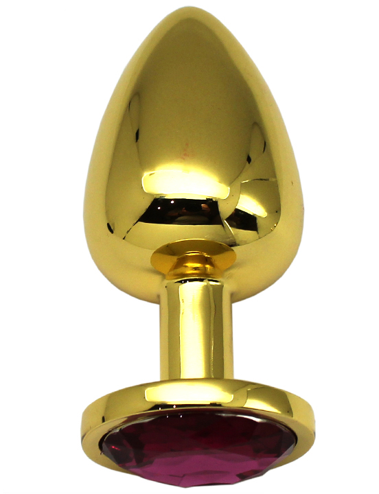 Анальная пробка алюминиевая, большая, золотая, кристалл рубиновый, 40x95 мм