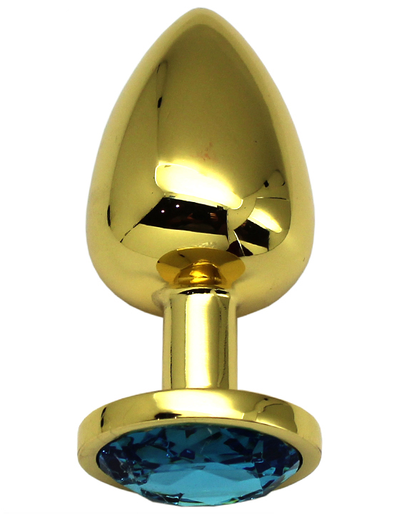 Анальная пробка алюминиевая, большая, золотая, кристалл голубой, 40x95 мм