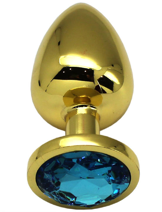 Анальная пробка алюминиевая, большая, золотая, кристалл голубой, 40x95 мм